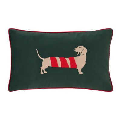 Dunkelgrünes Weihnachtskissen Candycane 30x50 cm mit Dackel im rot-weiß gestreiften Weihnachtslook