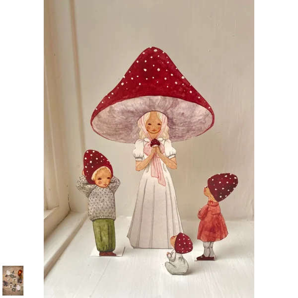 Rote Pilzmama mit Pilzkindern als dänische Weihnachtsdeko aus Papier zum Ausschneiden