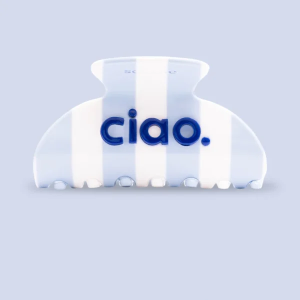 SASSTIE Ciao Haarklammer weiß hellblau gestreift mit blauem Ciao Schriftzug