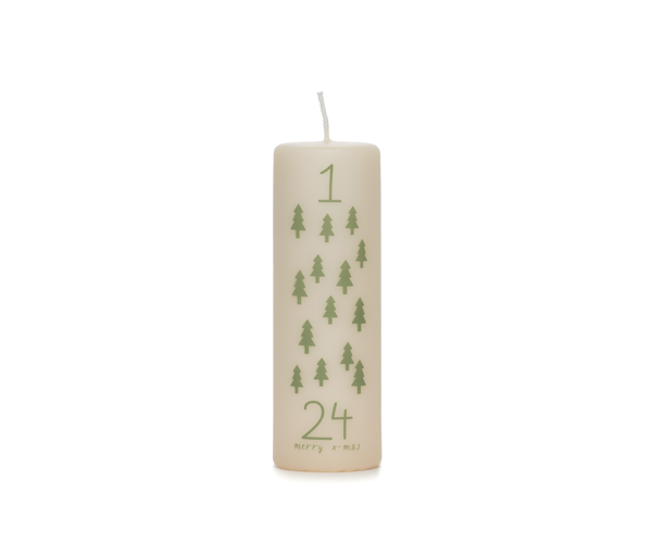 Advent Stumpenkerze 1–24 mit grünen Tannenbäumen von Rustik Lys