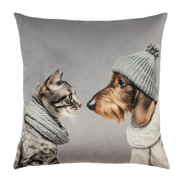 Kissenhülle Katze und Dackel CAT LOVES DOG Light Grey 45 × 45 cm