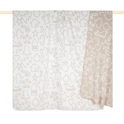 Weihnachtsdecke 150x200 cm in Creme und Beige mit eingewebten Tannenbäumen, Sternen, Herzen und winterlichen Motiven