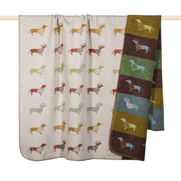 Beige Dackel Decke 150x200 cm mit buntem eingewebtem Dackelmuster in Jacquard-Webung