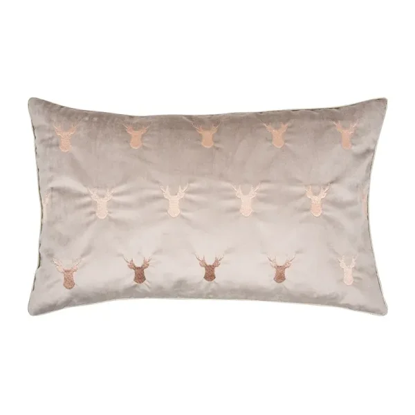 Kissenhülle Elk 35x60 cm in Taupe und Beige mit fein gestickten Hirschköpfen