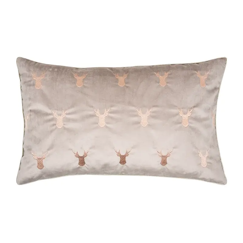 Kissenhülle Elk 35x60 cm in Taupe und Beige mit fein gestickten Hirschköpfen