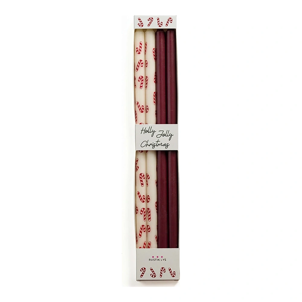 XL Stabkerzen 30 cm von Rustik Lys mit Zuckerstangen-Motiv und dunkelroten Kerzen