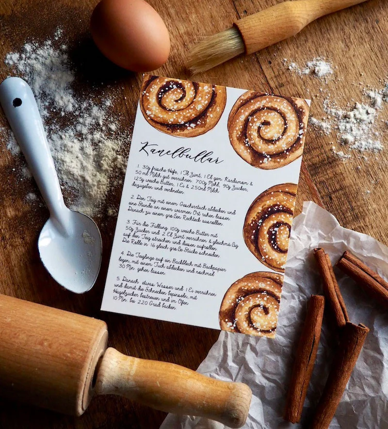 Postkarte Kanelbullar mit handgemalter Illustration schwedischer Zimtschnecken