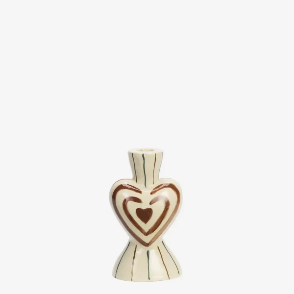 Herz-Kerzenhalter aus Steinzeug – Creme, Oliv & Karamell, 18 cm