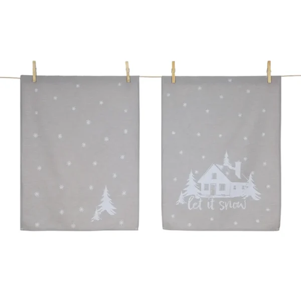 Zwei Weihnachtsgeschirrtücher Let it snow 50x70 cm in Beige und Weiß mit Schneeflocken, Tannenbaum und Winterhaus
