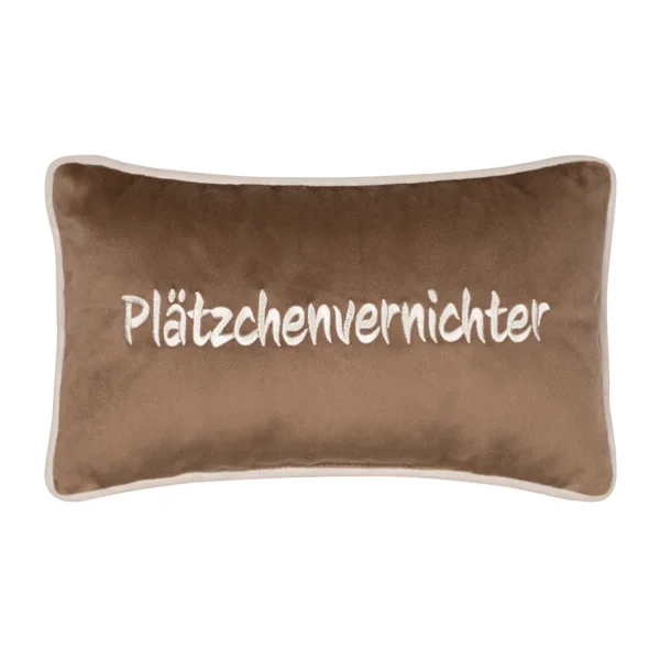 Kleines Plätzchenvernichter Kissen 32x18 cm in Braun mit hellem gesticktem Schriftzug