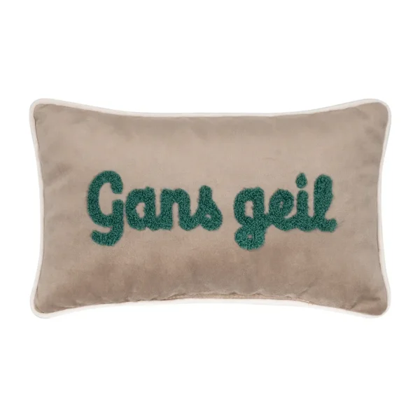 Kleines Petite Kissen Gans geil 32x18 cm in Natur mit grünem gesticktem Schriftzug
