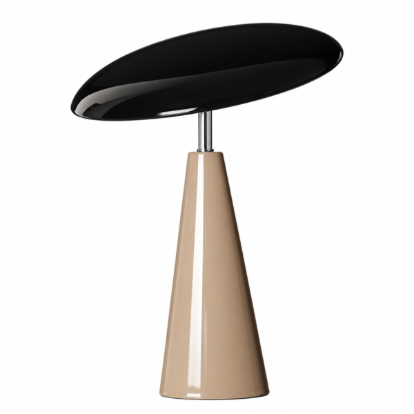 Kabellose LED-Tischlampe Audrey in Mokka und Schwarz mit magnetischem Kugelkopf, austauschbarem Lampenschirm und drei Lichtnuancen.