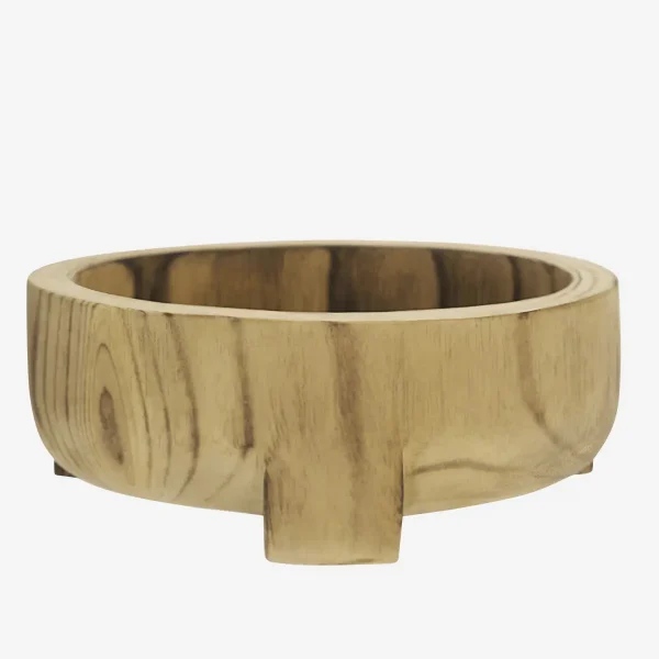 Rustikale Holzschale auf Füßen von Madam Stoltz aus dunklem Paulownia-Holz mit natürlicher Maserung, Ø 26 cm