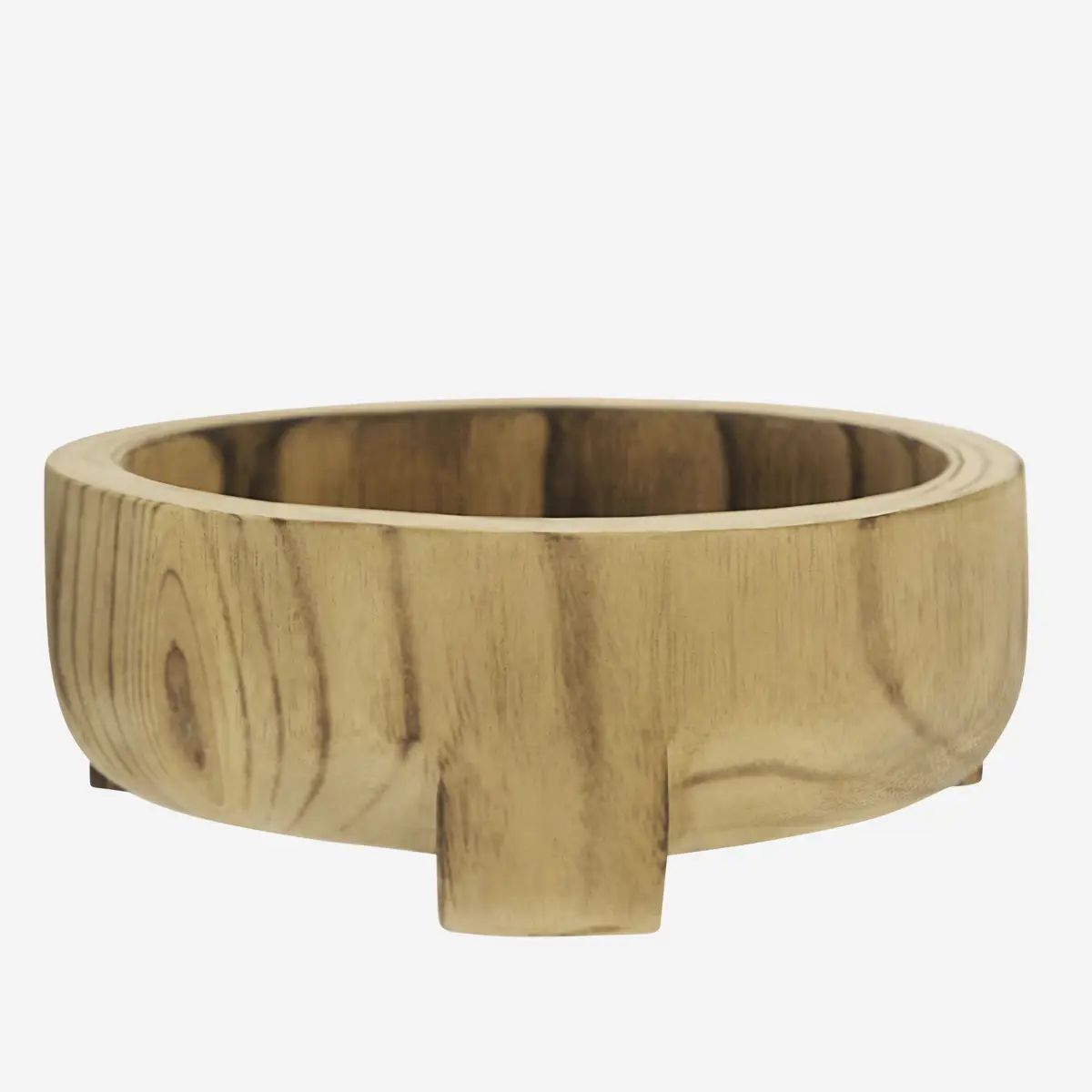 Rustikale Holzschale auf Füßen von Madam Stoltz aus dunklem Paulownia-Holz mit natürlicher Maserung, Ø 26 cm